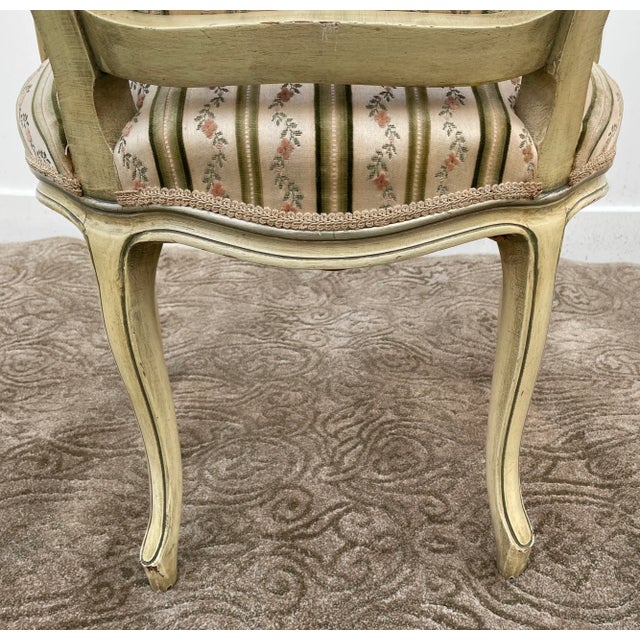Painted Wood Arm Chair Vintage Venetian Style Carved Cream Green Floral Stripe For Sale - Image 10 of 13