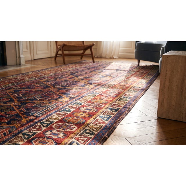 Navy Blue 1930s Blue Navy Diamond Tribal Antique N.W.Persian Rug 3' 4" X 10' 3" Handknotted Wool Carpet For Sale - Image 8 of 9