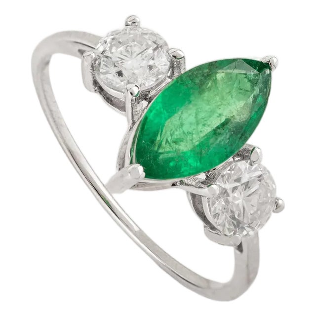Natural Marquise Emerald & Diamond Three-Stone Engagement Ring Size 5 in 18k Gold For Sale