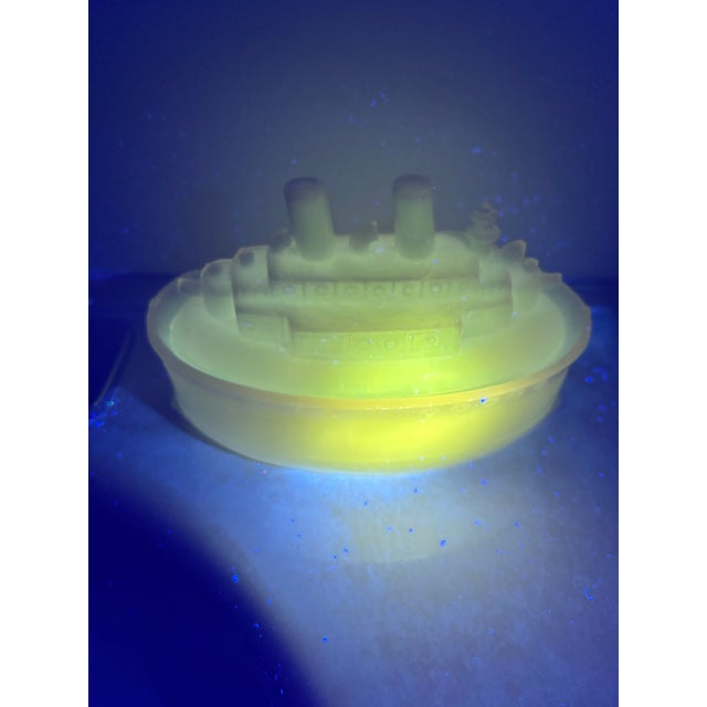 Antique 1898 Flaccus Bros. Uranium Milk Glass 'Uss Wheeling' Battleship Covered Dish For Sale - Image 9 of 10