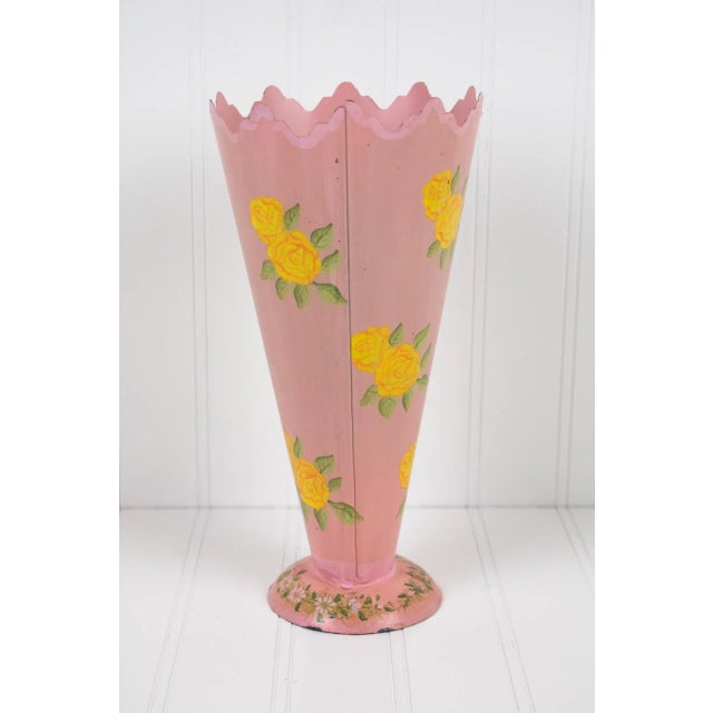 1960s Vintage 1960's Pink With Yellow Flowers Metal Tin Vase For Sale - Image 5 of 12