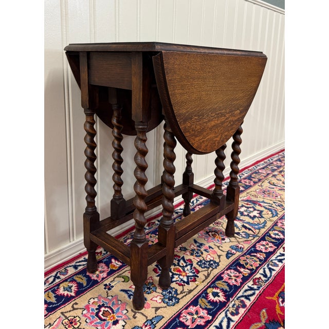 Antique English Table Drop Leaf Gateleg Barley Twist Oak Oval C. 1920-30s For Sale - Image 11 of 18