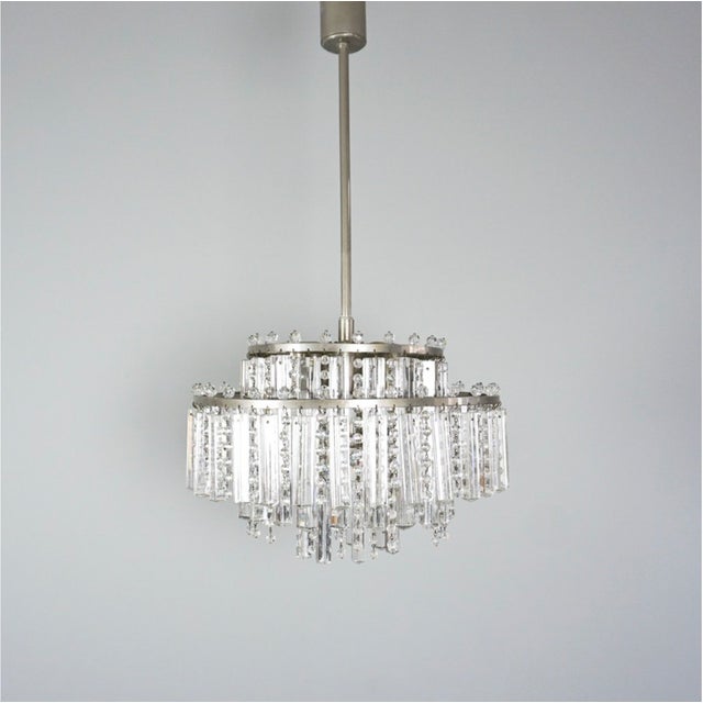 Metal Vintage Chandelier with Floodlight Prisms and Rhinestone Beads Nickel, 1960s For Sale - Image 7 of 13
