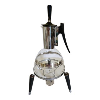 Vintage Mid Century Modern Atomic Pyrex Coffee Pot With Tripod Warming Stand For Sale