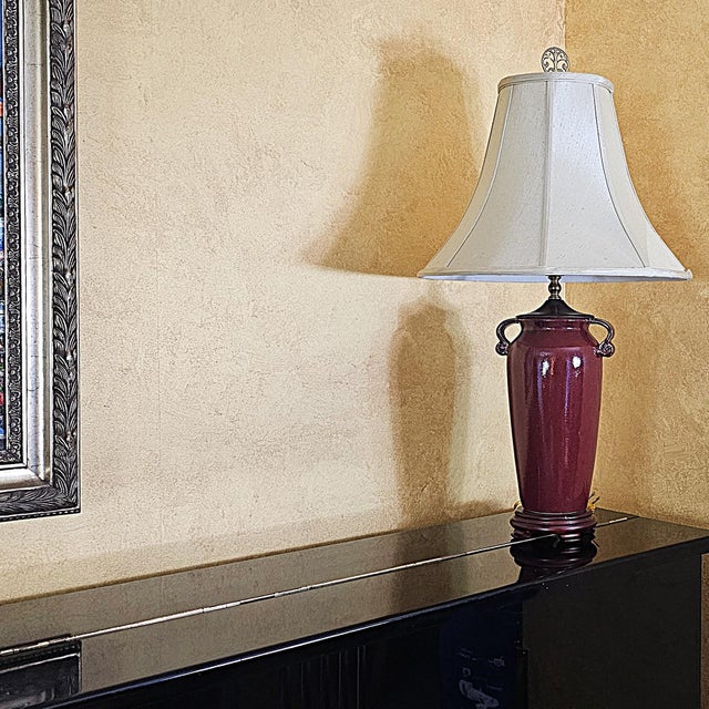 Vintage Burgundy Glazed Ceramic Table Lamp With Bell Shade, Circa Late 20th Century For Sale - Image 13 of 18