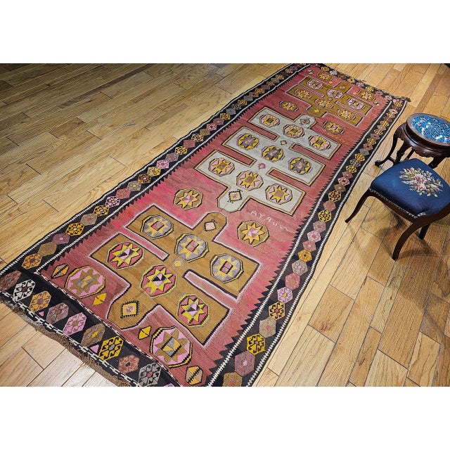 Vintage Anatolian Turkish Kilim Gallery Rug, Flat-Woven Geometric Pattern, Pink & Yellow, 5x13 For Sale - Image 14 of 14