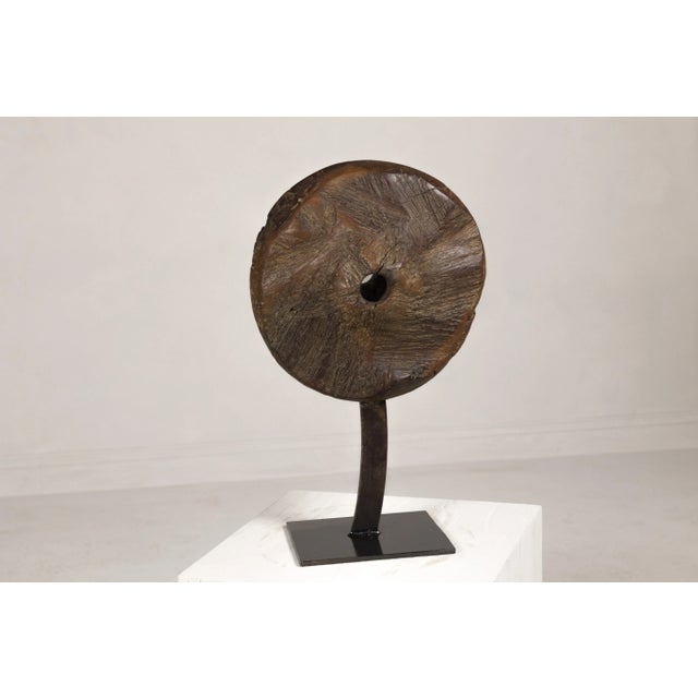 Indian 19th Century Ancient Indian Cart Wheel Mounted on Custom Black Lacquered Base For Sale - Image 3 of 12