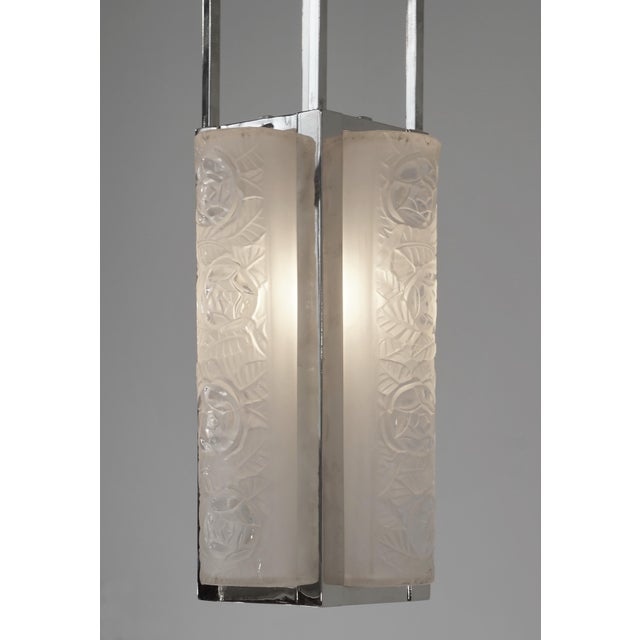 Degue Pair of French Art Deco Nickel Bronze Floral Pendant Lights - 1930s For Sale - Image 6 of 13