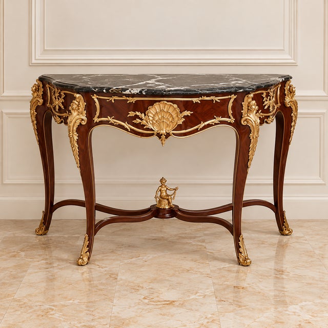 This sophisticated French Louis XV-style console table features a beautifully crafted wood frame with a luxurious marble...