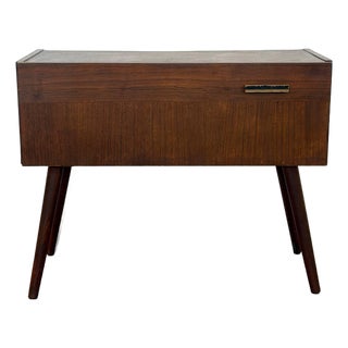 Walnut Entry Console Table With Drop-Down Storage Compartment Vintage Mid-Century Modern 1960s For Sale