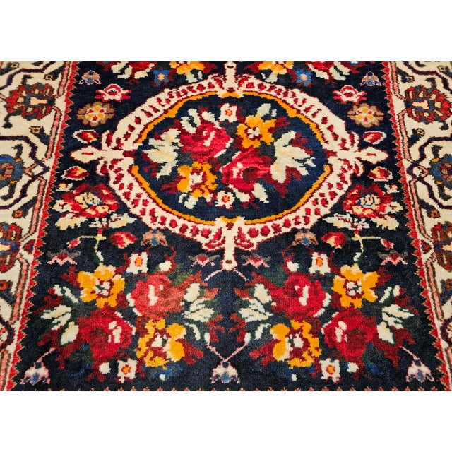 Vintage Persian Bakhtiari Wide Runner, Handwoven Wool, Floral Bouquet Design, Navy & Red, 4x13 For Sale - Image 16 of 17
