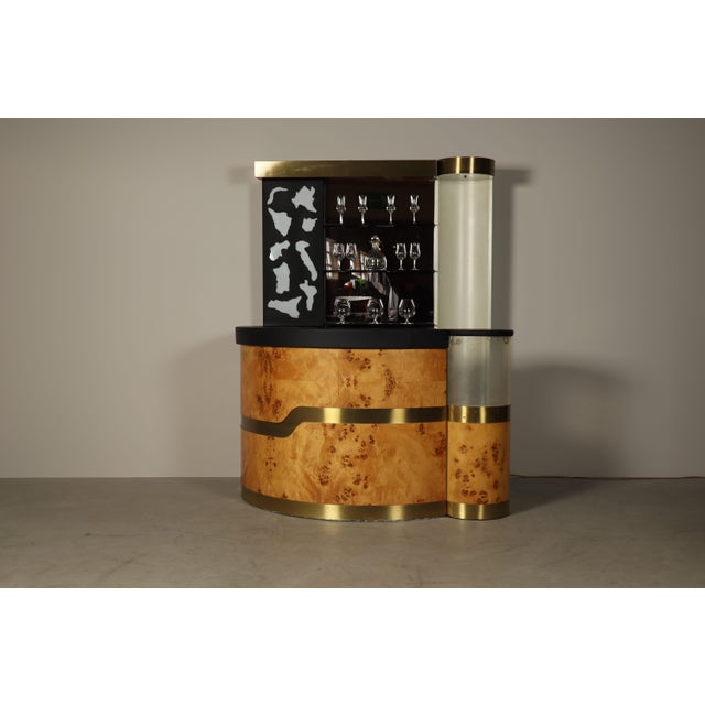 Black Italian Burl Wood Cocktail Bar with Illuminated Back and Stools, 1970s, Set of 3 For Sale - Image 8 of 18