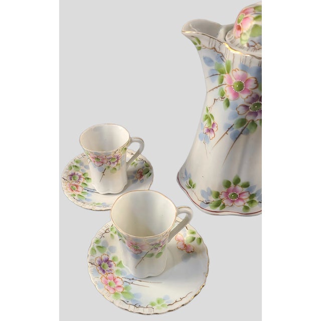 Mid 20th Century Vintage Nippon Hand-Painted Floral Apple Blossoms Chocolate Tea Set- 9 Pieces For Sale - Image 5 of 7