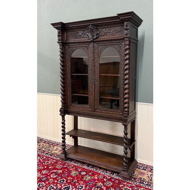 Antique French Louis XIII Style Bookcase Display Cabinet Barley Twist Oak c.1880 For Sale - Image 17 of 18