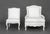 Two Louis XV Style White Painted Wood Chairs, comprising: one fauteuil and one side chair, in matching diamond pattern...