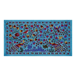 Blue Uzbek Suzani Textile – Peacock, Bird & Floral Motif Wall Art 3'4'' X 6 For Sale