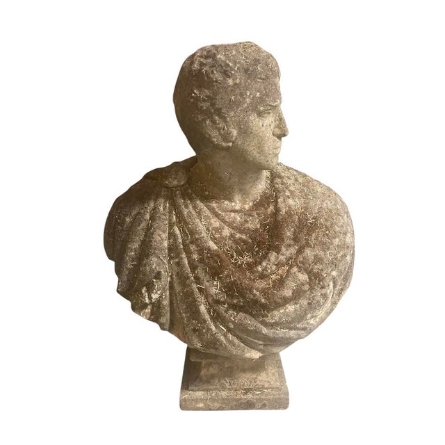 This striking antique English sculpture ensemble features a classical male bust elevated on a matching sandstone plinth,...