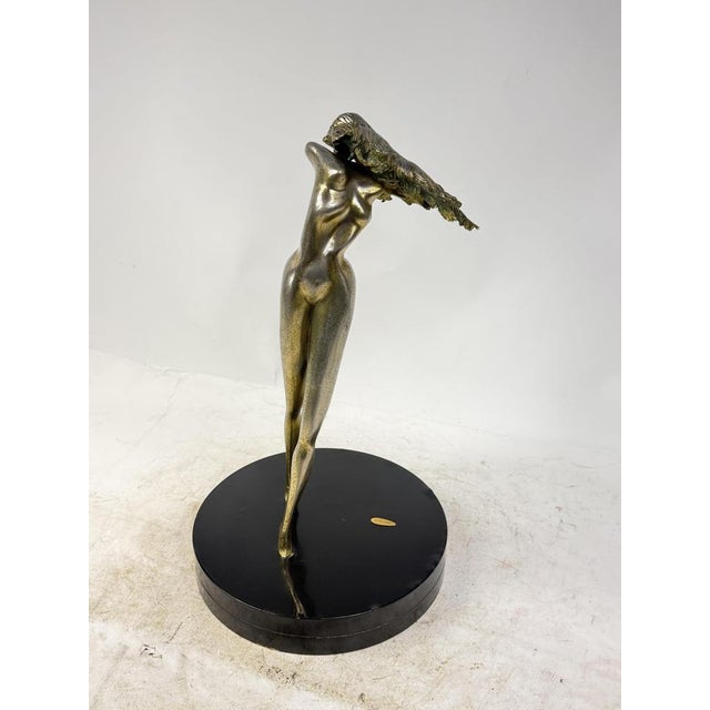 Stunning bronze sculpture "La Fortuna" by Walter Pugni. An elegant female figure in gold-plated bronze with a mirror...