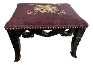 19th Century Antique Needlepoint Footstool, Carved