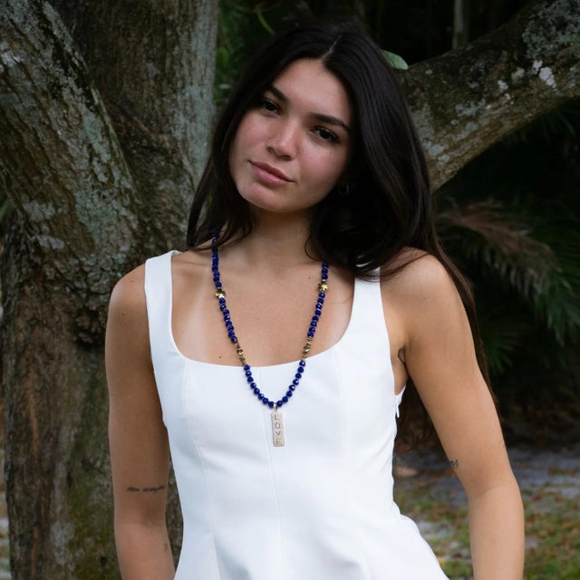 Asian Forever Loved Gold Pendant Blue Beaded Necklace For Sale - Image 3 of 12