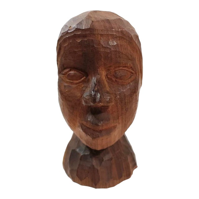 Vintage Hand-Carved African Folk Art Wooden Bust – Solid Hardwood, 6.5″ Tall, 1.7 Lb For Sale