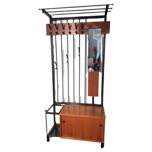 Teak Hall Coat Rack with Storage and Mirror, Belgium, 1960s For Sale - Image 4 of 9