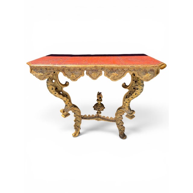 Pair of Rare 18th C. Venetian Giltwood Console Tables With Red-Painted Tops For Sale - Image 4 of 9