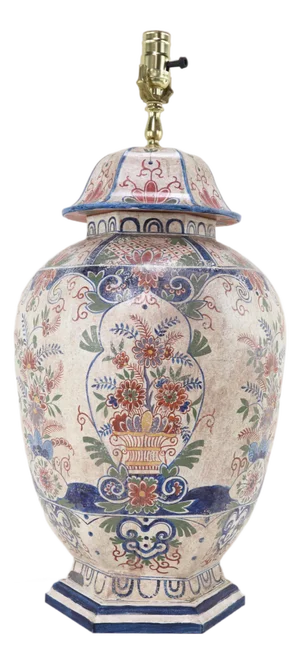 Large Vintage Tolle Chinese Lidded Ginger Jar Table Lamp - Hand Painted Floral Basket and Ornate Pattern.