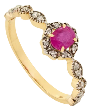 Oval Cut Ruby & Diamond Floral Halo Vintage Ring Size 5 in 14k Yellow Gold