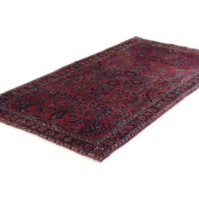 79012 Antique Persian Sarouk Rug, 02'07 x 04'10. This hand-knotted wool antique Persian Sarouk rug is a mesmerizing...
