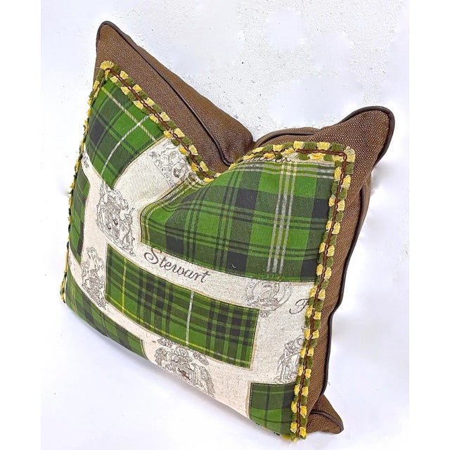 Vintage Scottish Stewart green tartan and armorial crest pillow with brown border and back. Varying Armorial crest...