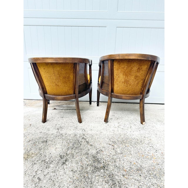 Vintage Velvet, Wood and Cane Barrel Chairs-a Pair For Sale - Image 4 of 11