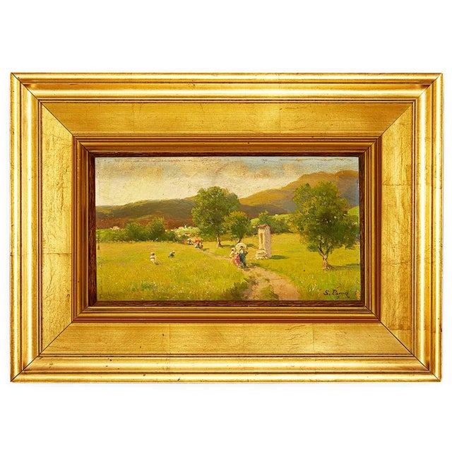 Silvio Poma, Mountain Landscape with a Walk on the Path, 1800s, Oil on Board For Sale - Image 6 of 6