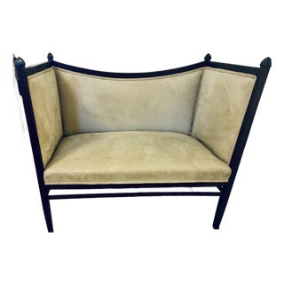 1940s Sleek Mid-Century Empire Walnut & Suede Settee For Sale