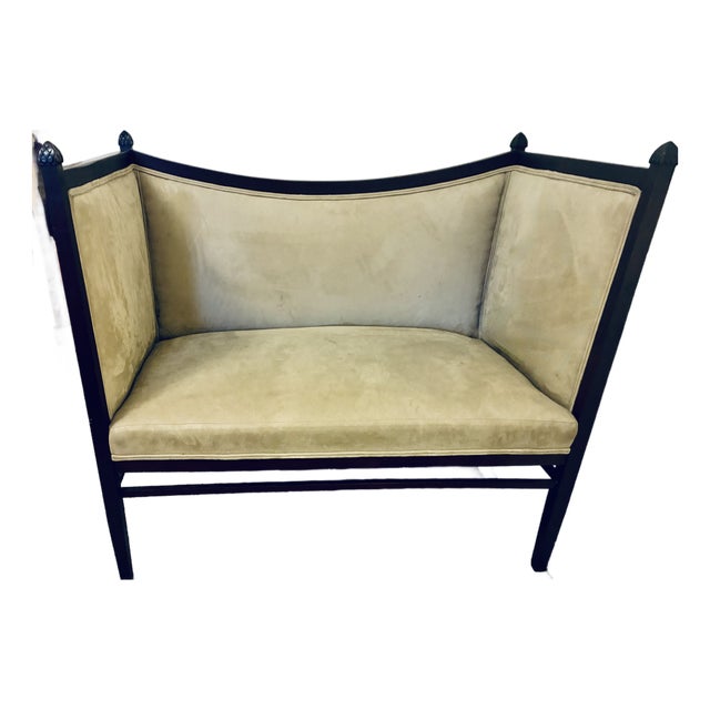 1940s Sleek Mid-Century Empire Walnut & Suede Settee For Sale