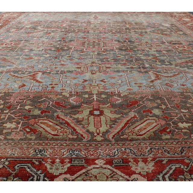 Textile Persian Antique Serapi Rug With All-Over Geometric Design in Gray-Blue and Red For Sale - Image 7 of 14