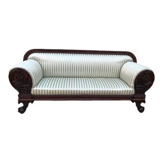 Early 20th Century Antique American Classical Mahogany Green Silk Stripe Upholstered Sofa For Sale