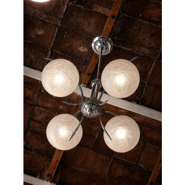 1970s Vintage Sputnik Hanging Lamp with Etched Glass Shades and Chrome-Plated Metal Frame, 1970s For Sale - Image 5 of 7