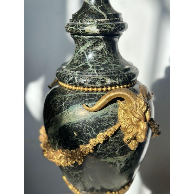 Pair of French 19th Century Green Marble and Bronze Vases/Urns For Sale - Image 4 of 5