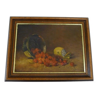 Small Still Life with Cherries and Lemon, Oil on Canvas, Early 20th Century For Sale
