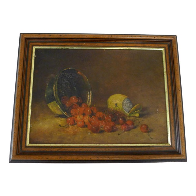 Small Still Life with Cherries and Lemon, Oil on Canvas, Early 20th Century For Sale
