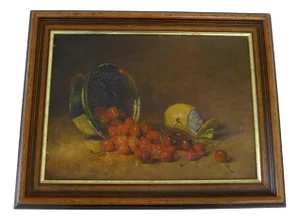 Small Still Life with Cherries and Lemon, Oil on Canvas, Early 20th Century