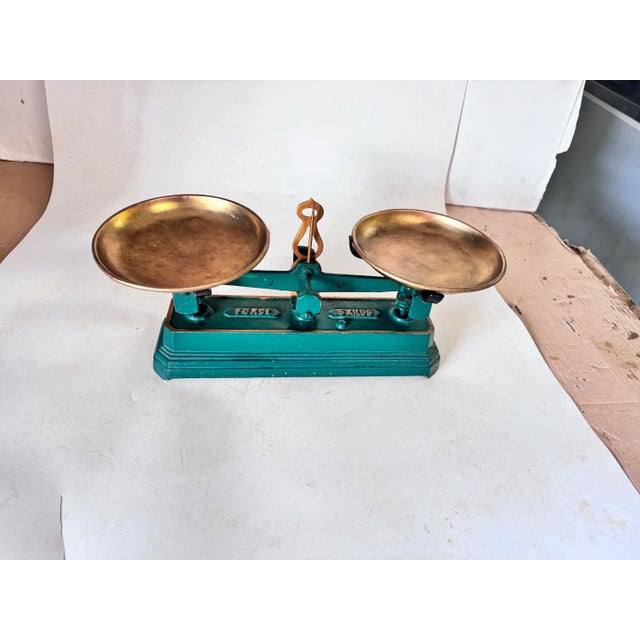 Antique French Green and Gold Wrought Iron and Brass Scale, 19th Century For Sale - Image 11 of 13