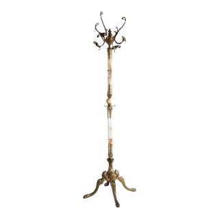 Italian Ornate Antique Brass & Onyx Square Marble Coat Hat Rack Hall Tree Stand For Sale