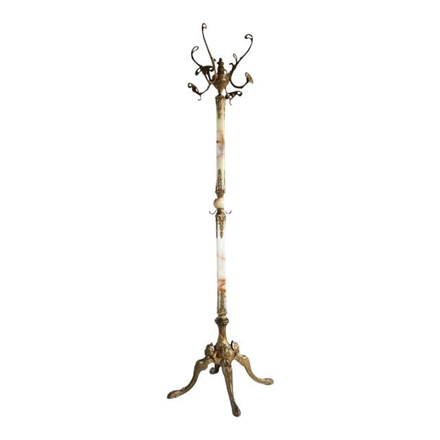 Italian Ornate Antique Brass & Onyx Square Marble Coat Hat Rack Hall Tree Stand For Sale