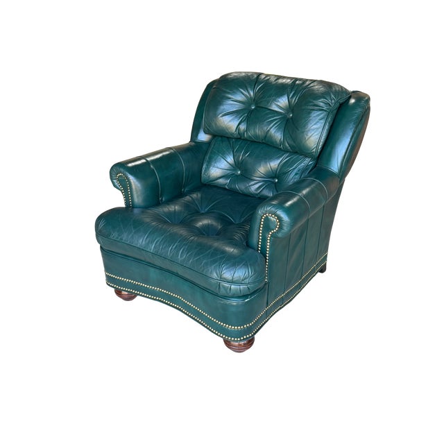 Vintage Thomas-Bain Leather Club Chair & Ottoman Set in Peacock Teal Green | Tufted Traditional Lounge Seating For Sale - Image 9 of 18