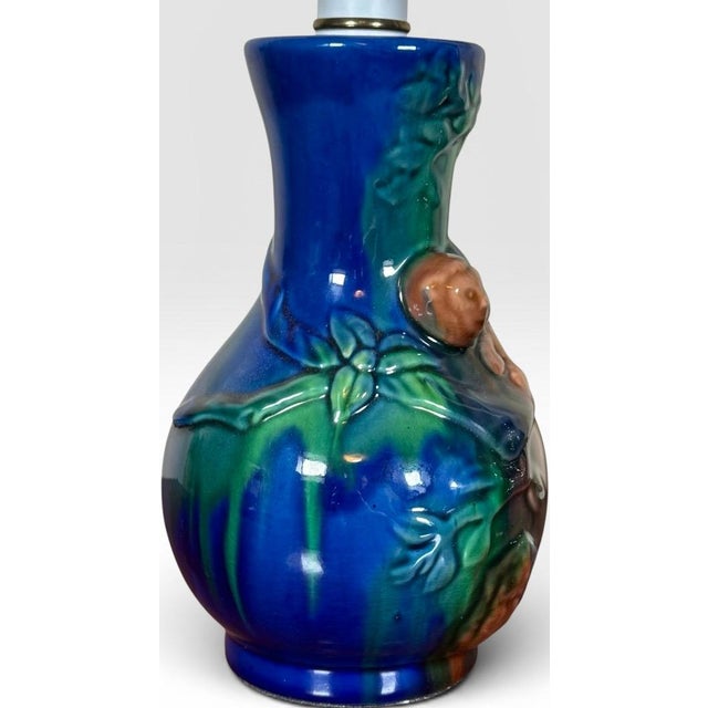 Vintage Majolica Style Glazed Ceramic Monkey Table Lamps - A Pair For Sale - Image 11 of 15