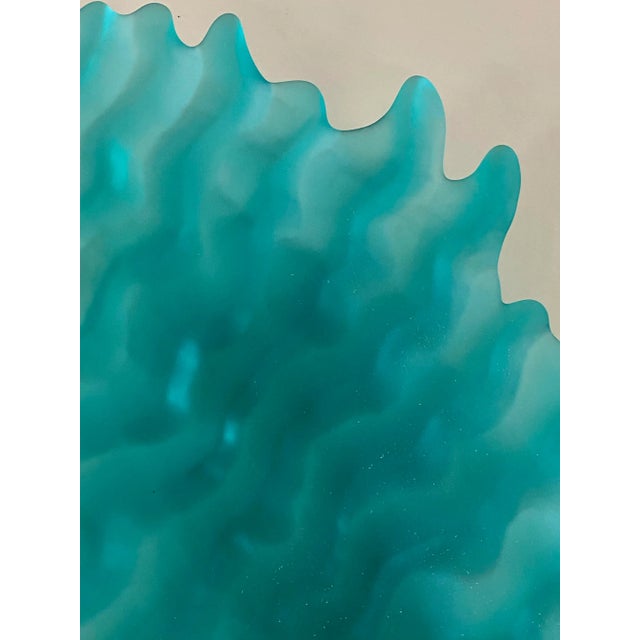 1980s Postmodern Carved + Shaped Aqua Art Glass Asymmetrical Shallow Bowl For Sale - Image 5 of 5