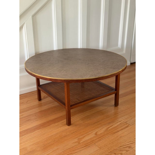 1950s Mid Century Modern Paul McCobb Walnut Wood & Cane Round Coffee Table For Sale - Image 9 of 14