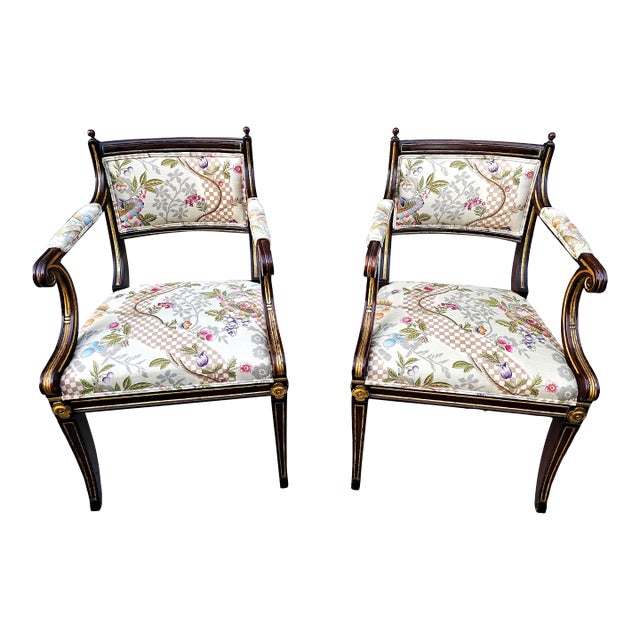 Pair of Vintage English Regency Style Saber Legged Armchairs For Sale